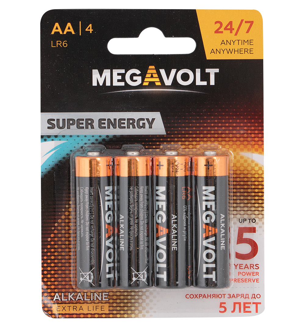Батарейки Megavolt Алкалиновые, AA/LR6, 4 шт.